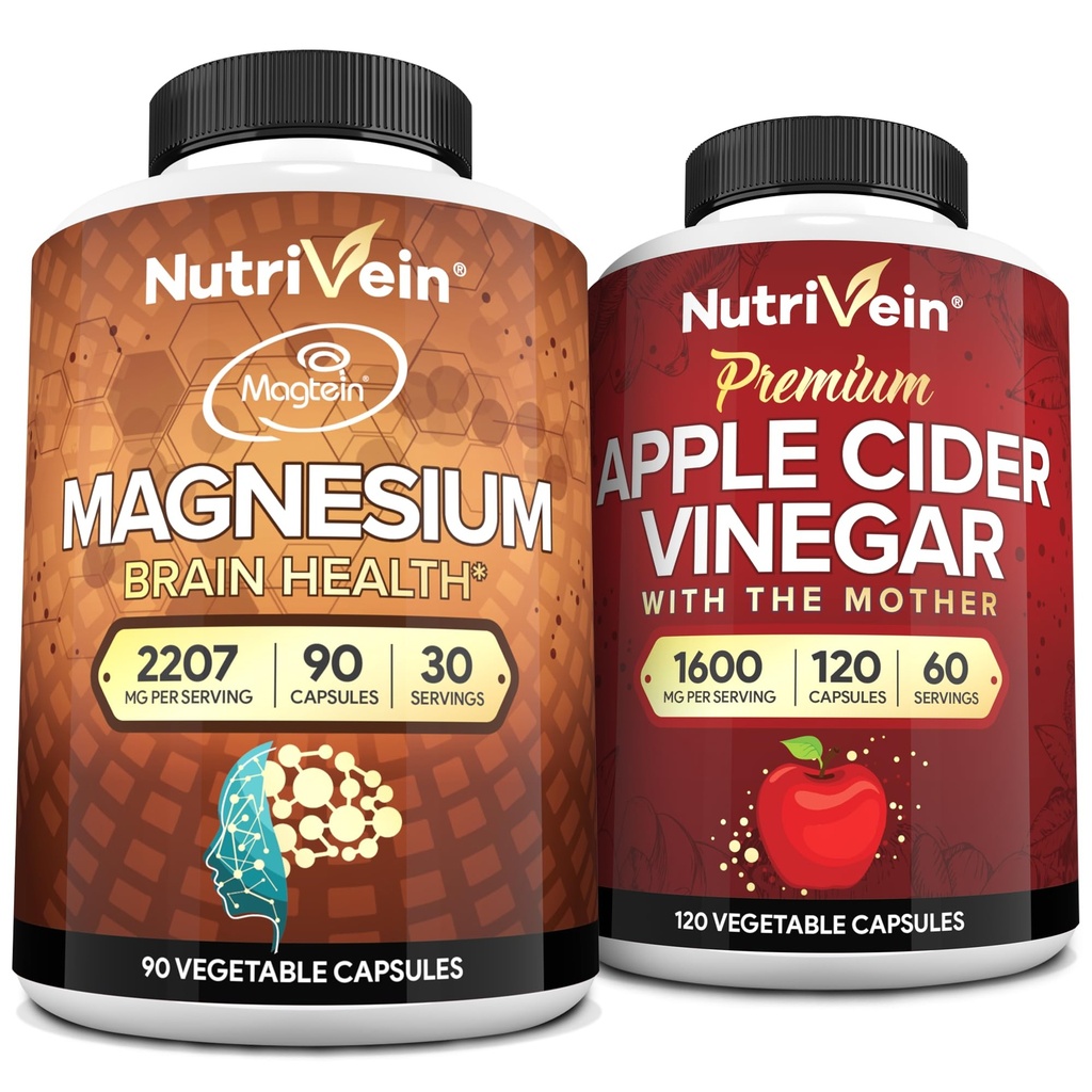 Nutrivein Premium Apfel Apfel Apfelessig Kapseln & Magnesium L-Threonate Bundle: High-Absorption Magnesium Threonate Supplement und Apfelessig Ergänzungen für Brain, Gut, & Gesamt Wohlbefinden