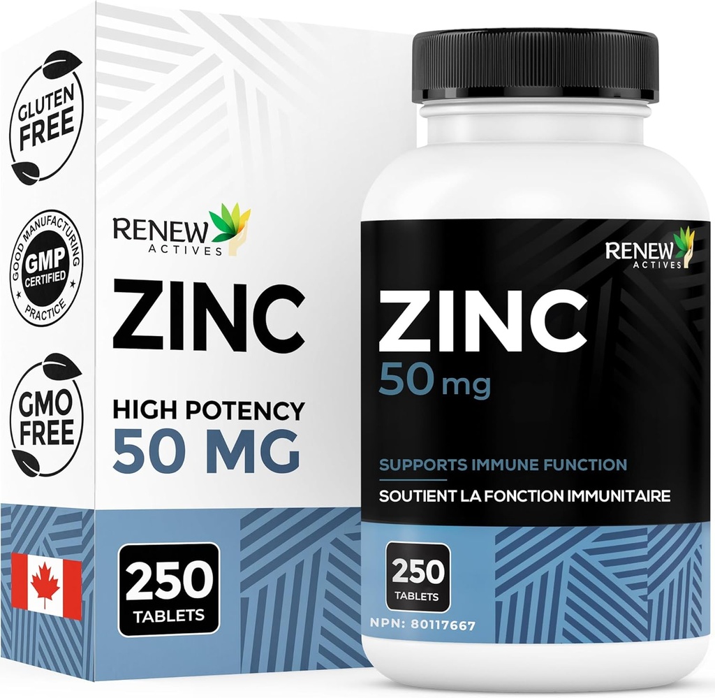 Erneuerte Wirkstoffe Zink-Ergänzungen 50MG pro Servieren - essentiell für Immungesundheit, starke Knochen & Förderung gesundes Haar, Nägel & Glowing Skin für täglichen Gebrauch - Made in Canada - 250 Tabletten