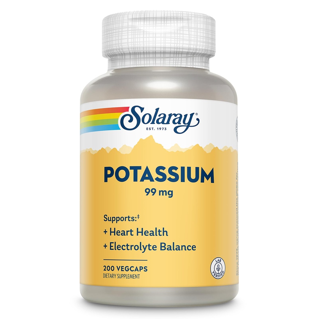 Solaray Kalium 99 mg - Elektrolyt Balance Formel - Kalium-Ergänzung für Elektrolyte, Gefäß- und Herzgesundheitsunterstützung - 60-Tage Geld-zurück-Garantie, Lab Verified, 200 Servierungen, 200 VegCaps