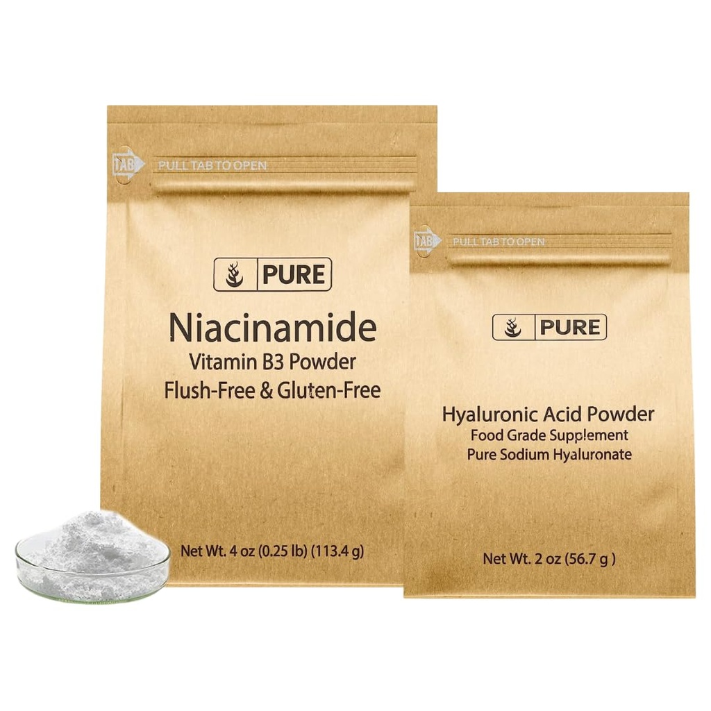 PURE ORIGINAL INGREDIENTS Hyaluronsäure und Niacinamid Bundle, verschiedene Größen, spülfreie, feine Pulver