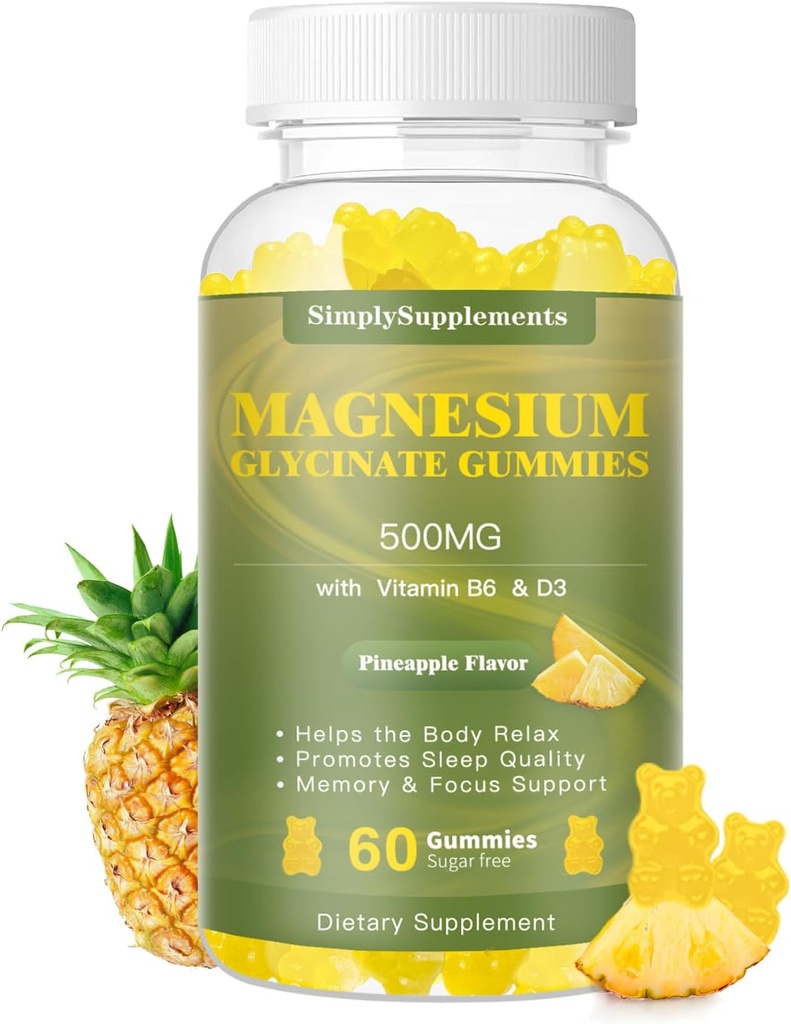 Magnesium Glycinate Gummies 500mg, Chewable Magnesium Supplement with Vitamin D3, B6, CoQ10, for Relaxation, Sleep & Mood Support, Calm Magnesium Gummy - 60 Pineapple Gummies