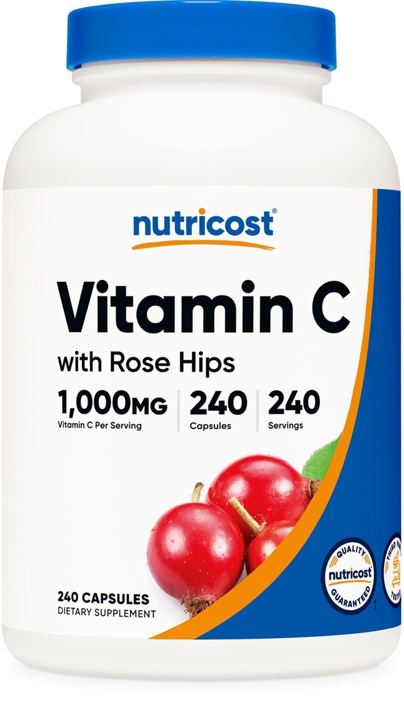 Nutricost Vitamin C mit Hagebutten 1025mg, 240 Kapseln - Vitamin C 1.000mg, Hagebutten 25mg, Premium, Nicht-GVO, glutenfreie Ergänzung