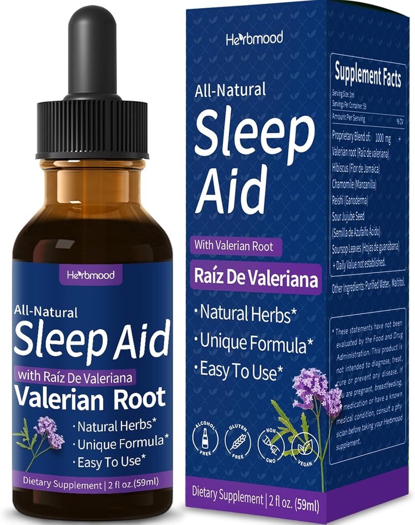 Valerian Root Sleep Support Drops, Gotas de Manzanilla y Flor de Jamaica y Valeriana para Dormir Profundamente, All-Nature Kräuterextrakt Flüssigkeit mit Hibiscus & Chamomile. 2 Unzen