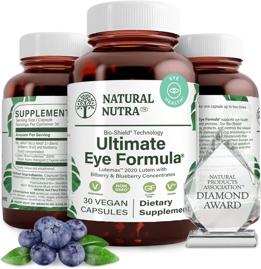 Naturel Nutra Ultimate Eye Health Supplement - Bilberry & Blueberry Extract Blend pour le soutien de la vision de jour et de nuit, favorise la perception des couleurs et la clarté des yeux - non-OGM, végétalien - 30 capsules (paquet de 2)