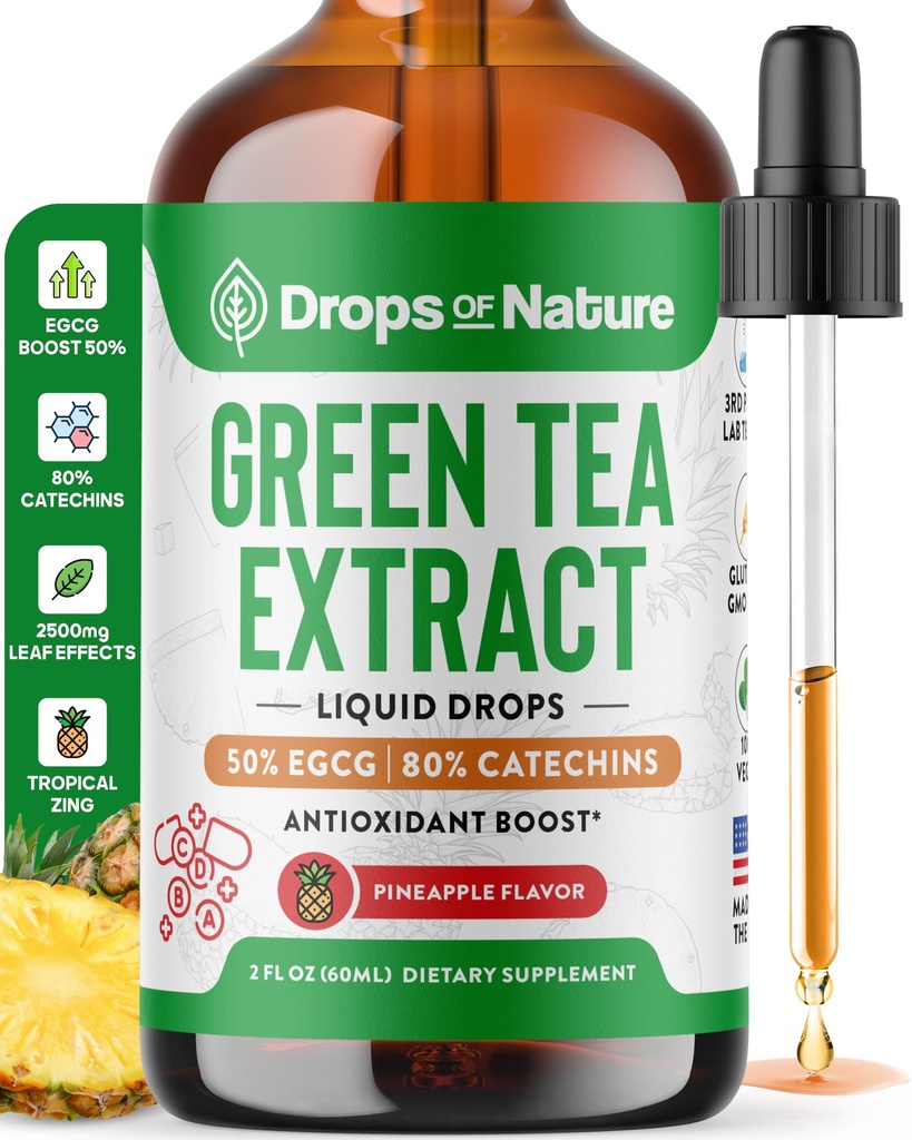 Grüner Tee 10:1 Extrakt 50% EGCG - Grüner Tee-Flüssigtropfen - Vegan, 4X Mehr Leistungsstarke als Pillen & Kapseln - 2oz Antioxidans & Immun-Ergänzung - Haut, Herz-Unterstützung, Gehirngesundheit & Gedächtnis-Boost