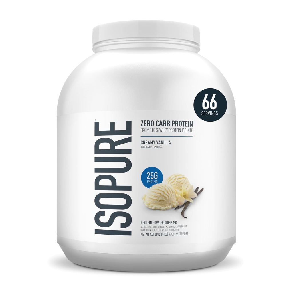 Isopure Zero Carb 100% pur poudre de protéines de lactosérum, sans gluten, avec des vitamines, vanille crémeuse, 25g de protéines par portion, 4,5 lbs, 66 portions (paquetage mai vary)