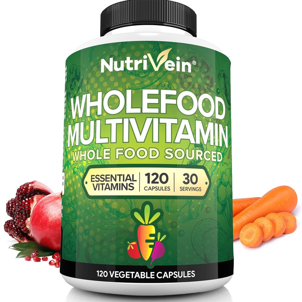 Nutrivein Multivitamines alimentaires entières pour les hommes et les femmes – 120 capsules de multivitamines véganes pour les adultes – Énergie quotidienne, Immune et soutien cardiaque – Mélange de fruits et légumes crus + vitamine B - Non destiné aux enfants