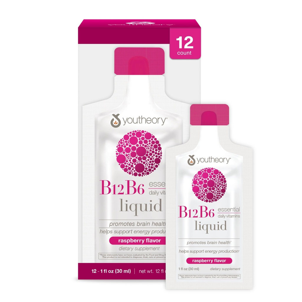 Youtheory Vitamine B12 B6, Supplément d'énergie quotidienne et de soutien du cerveau, Arôme de framboise liquide, 12 – 1 oz