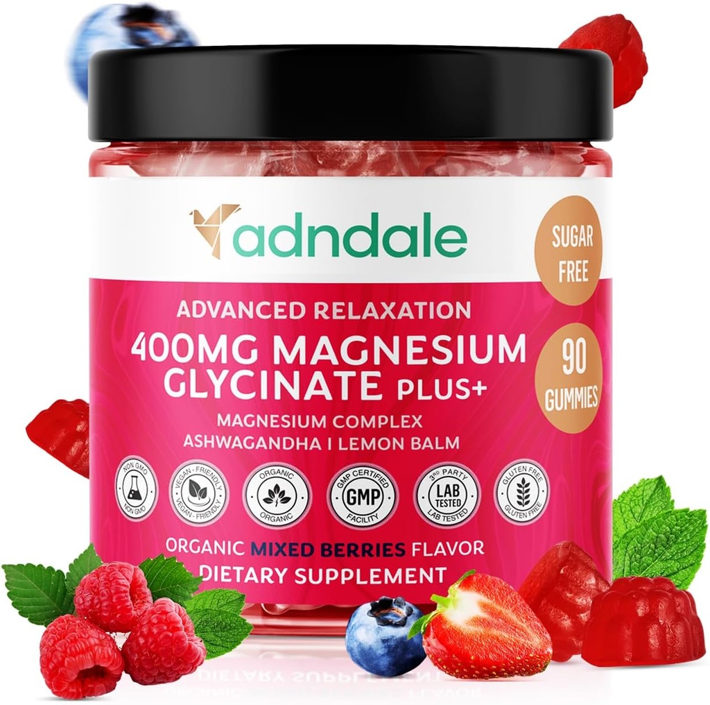 Adndale 90 CT Magnesium Glycinate Gummis 400 mg/Serv mit Ashwagandha, Magnesium Malate & Taurate, Sugar Free Chews für Erwachsene & Kinder.