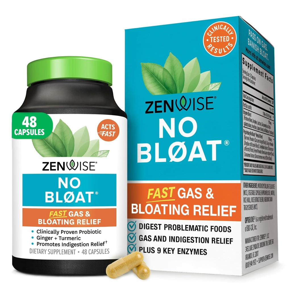 Zenwise Health No Bloat Digestive Enzyme for Gut Health, Gas & Bloating Relief - Multi Enzymes Digestion Supplement mit Probiotics, Ginger, Turmeric Dandelion & Lactase - Men & Women - 48 Count
