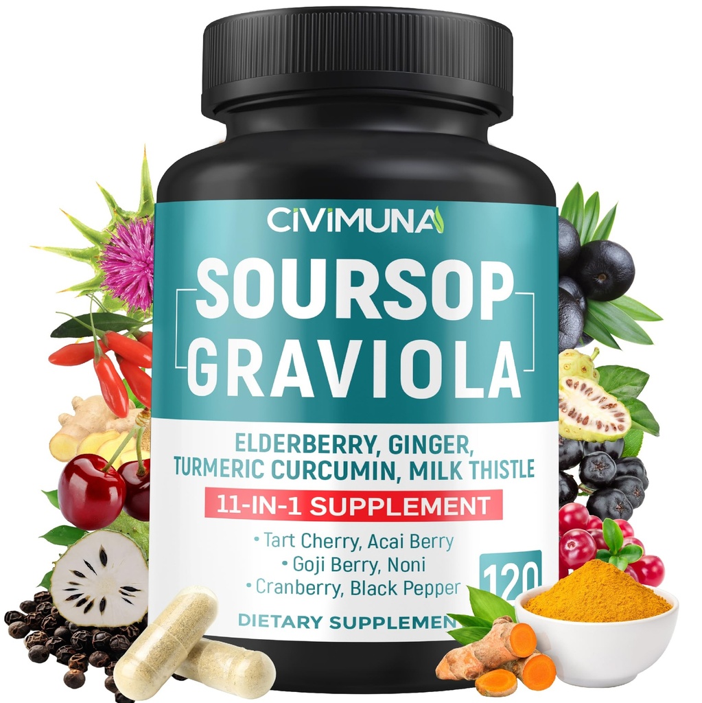 Soursop Graviola Kapseln mit Elderberry, Turmeric, Ginger, Milk Thistle, Tart Cherry und mehr - 120 Kapseln für 4 Monate Versorgung