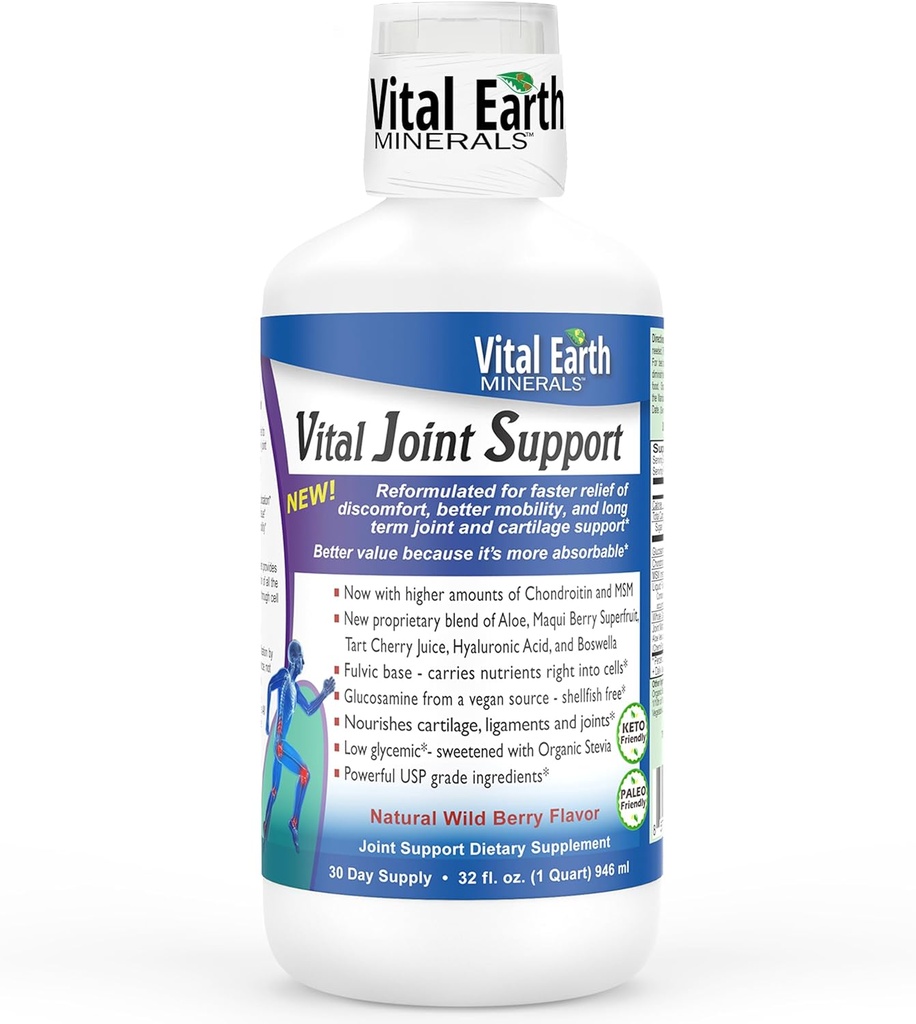 Vital Earth Liquid Joint Support Supplement – Glucosamin, Chondroitin, MSM Plus Hyaluronsäure, Boswellia & Fulvic Acid (70+ Trace Minerals), 32 Oz + 1 Oz Cup