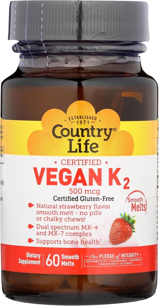 Country Life Vegan Vitamin K2, 500 mcg, Dual Spectrum MK-4 und MK-7 Complex, unterstützt Knochen & Zähne Gesundheit, 60 kämpfbare Tablets, Erdbeeren Flavor