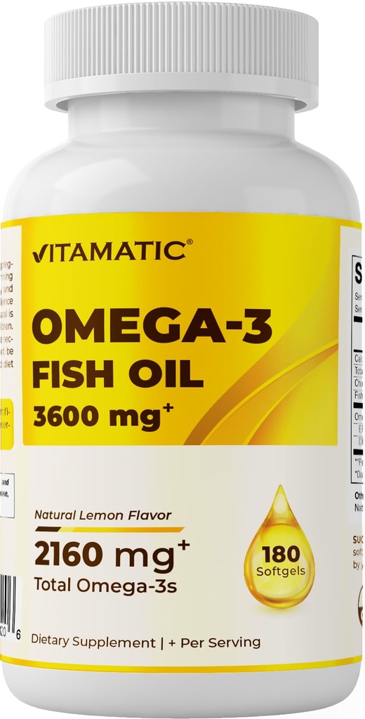 Vitamatic Triple Strength Omega 3 Fish Oil 3600mg Pro Servieren, 2160mg Omega 3 Fettsäuren, 1296mg EPA + 864mg DHA, Burpless Zitronen Geschmack, 180 Softgels