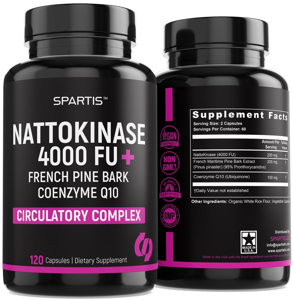 Nattokinase Supplement 4000 FU CoQ10 100mg Französisch Maritime Pine Bark Extrakt 200mg mit Enzymen für Zirkulation & Herz-Kreislauf-Unterstützung (Pack von 1 bei 120-Caps)