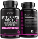 Nattokinase Supplement 4000 FU CoQ10 100mg Französisch Maritime Pine Bark Extrakt 200mg mit Enzymen für Zirkulation & Herz-Kreislauf-Unterstützung (Pack von 1 bei 120-Caps)