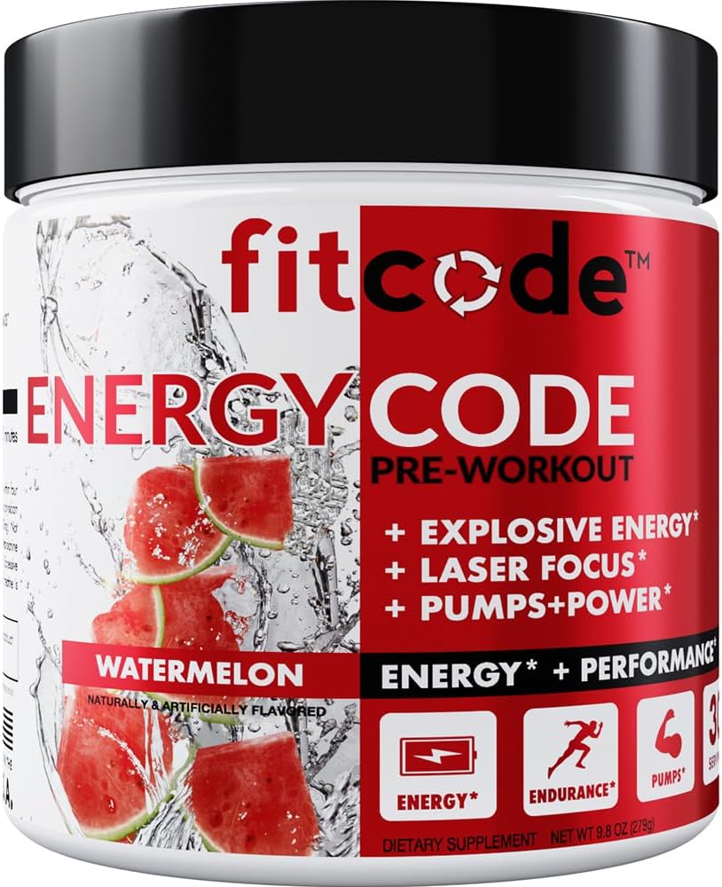 fitcode EnergyCode - Pré-entraînement avec poudre de créatine - Energy & Performance Drink - Muscle Strength & Endurance Supplément - Contient de la caféine - 30 portions - Pastèque
