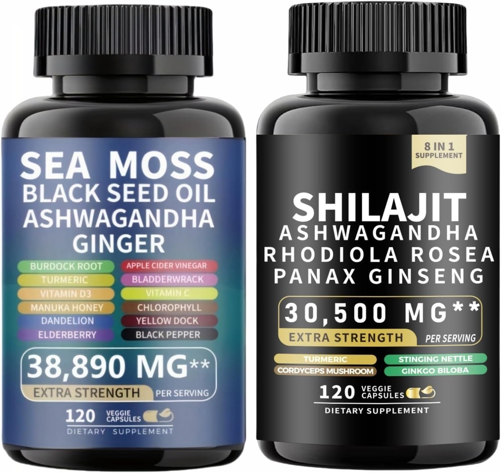 Sea Moss und shilajit Sea Moss Black Seed Oil Ashwagandha Ginger&shilajit rhodiola rosea panax Ginseng (120 Count (Pack von 2))