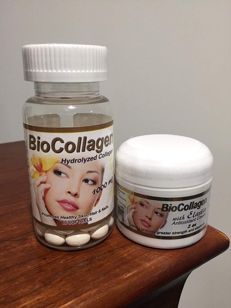 Set Bio Collagen Hydrolyzed Collagen Softgels (1000 mg) & BioCollagen mit Elastin Antioxidant Cream 2 oz (Promotes Healthy Skin Hair and Nails)