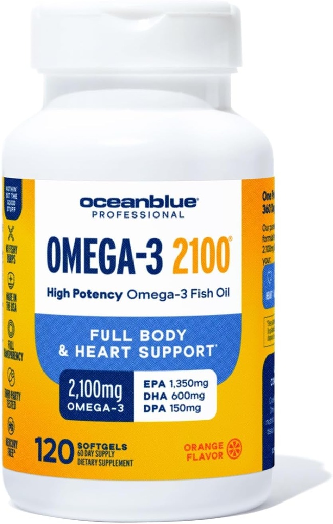 Oceanblue Professional Omega-3 2100-120 ct - High-Potency Triple Stärke Burpless Fischöl mit EPA, DHA & DPA - Wild Caught - Orange Flavor, 60 Servietten