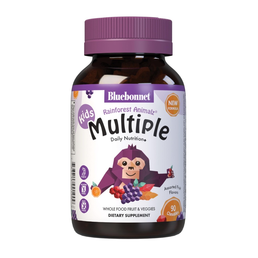Bluebonnet Nutrition Rainforest Animalz Whole Food Based Multiple Chewable Tablets, Kinder Multivitamin & Mineral, Vitamin C, D3, Eisen, Glutenfrei, Milchfrei, Kosher, 90 Kautabletten, Gemischte Flavors
