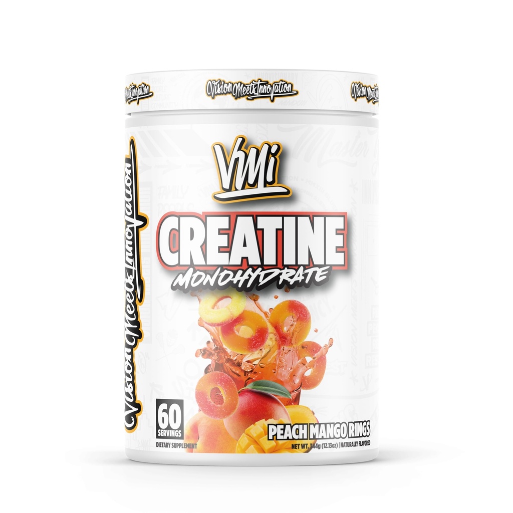 VMI Sport Kreatin Monohydrat Pulver Muskelmasse – Stärke – Größe – Leistung | 5 Gramm pro Portion (60 Servierungen, Peach Mango Ringe)