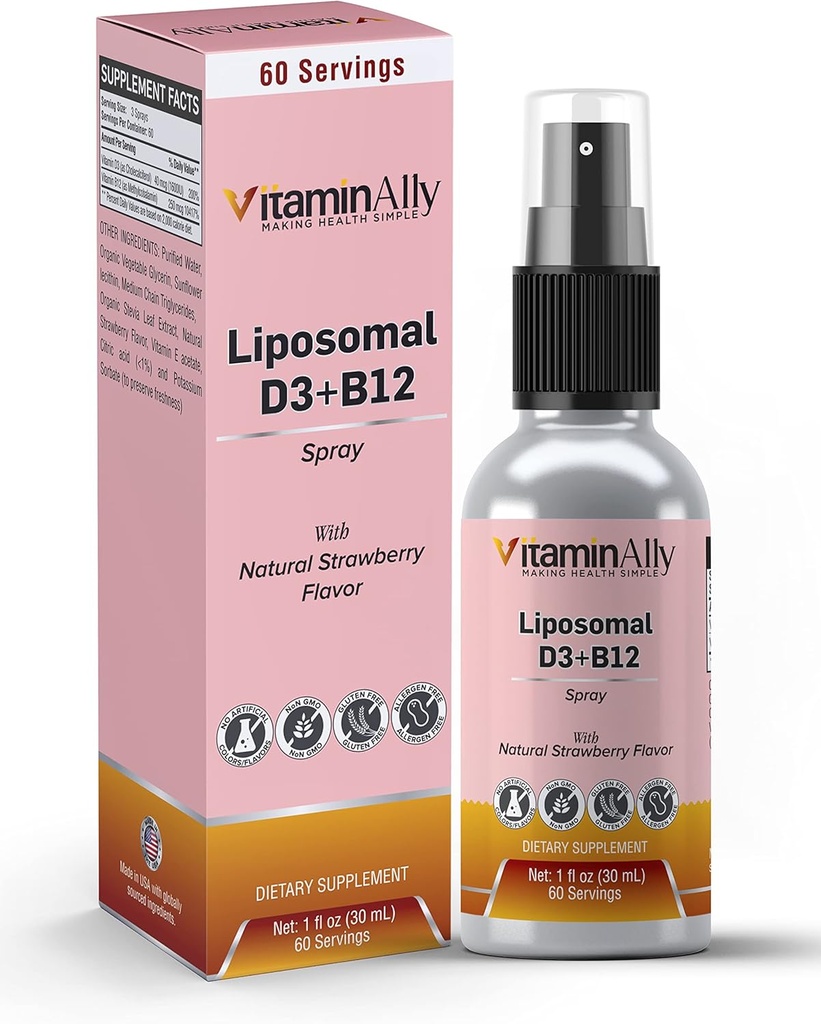 Liposomale flüssige Vitamin D3 + Vitamin B12 Spray |2 Month Supply|1 fl oz|Non-GMO |Sugar FreesTravel FriendlysImmune Unterstützung, Knochengesundheit, unterstützt Energie, Gehirnfunktion