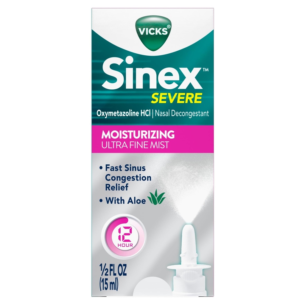 Vicks Sinex Spray nasal sévère avec hydratant ultra fine brume, Cognés pour le soulagement du nez farci du froid, de l'allergie, de la pression sinusale - 265 sprays