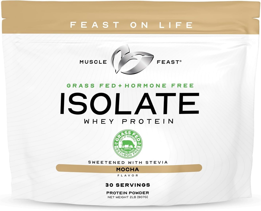 Muscle Feast Grass-Fed Whey Protein Isolate, All Natural Hormone Free Pasture Raised, Whey Isolate Protein Powder for Men and Women, Clean, Gluten-Free, Delicious Isolate Protein - Mocha, 2lb