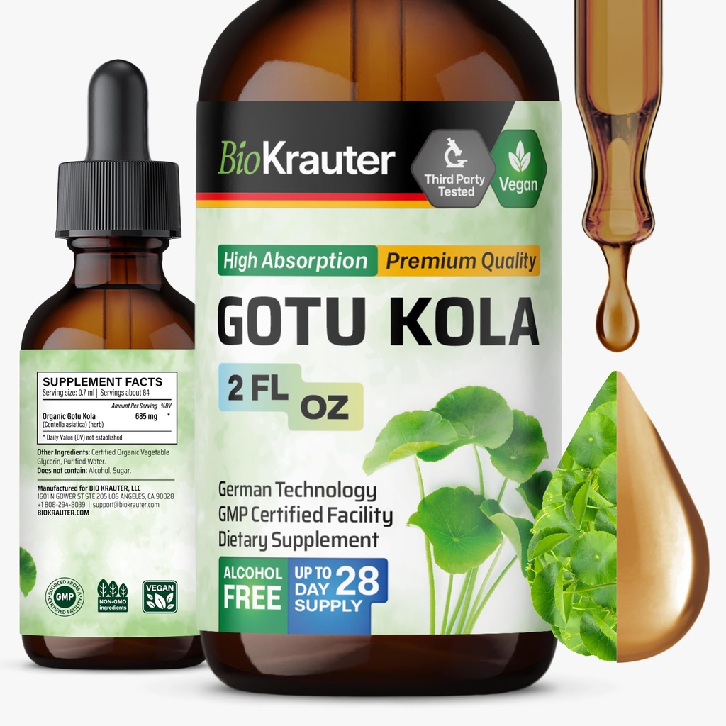 BIO KRAUTER Gotu Kola Tincture - Centella Asiatica Extract - Alkohol und Zucker Free Gotu Kola Extract - Vegan Drops 2 Fl.Oz.
