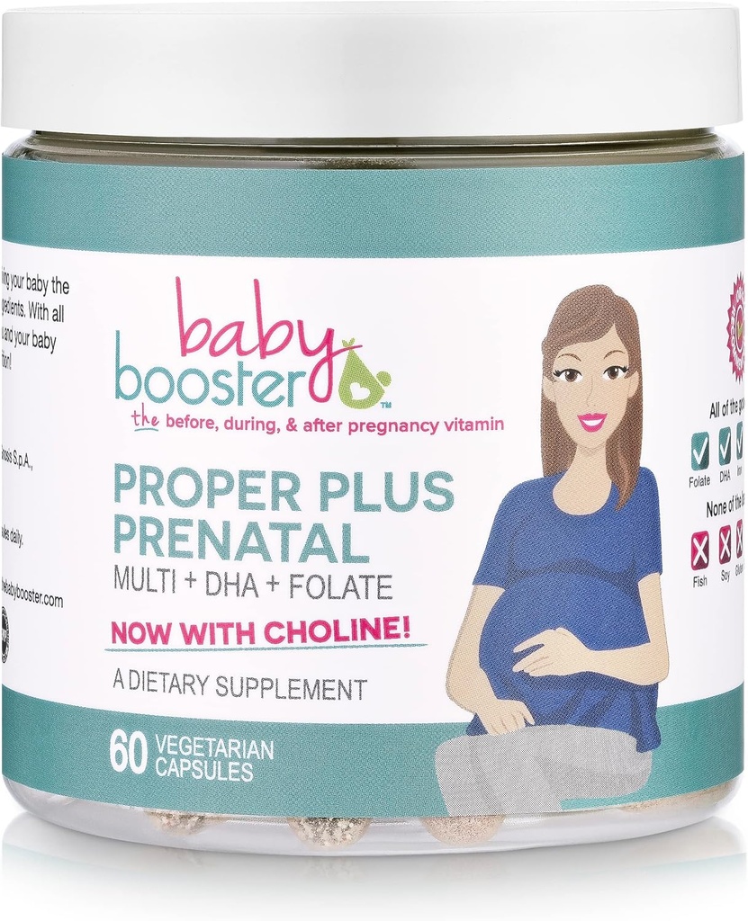 Baby Booster Proper Plus Pränatale Vitamine mit Vegan DHA + Methyl Folate + Choline + Multi (60 Kapseln) Toll für Schwangerschaft, Morgenkrankheit und Schnürung