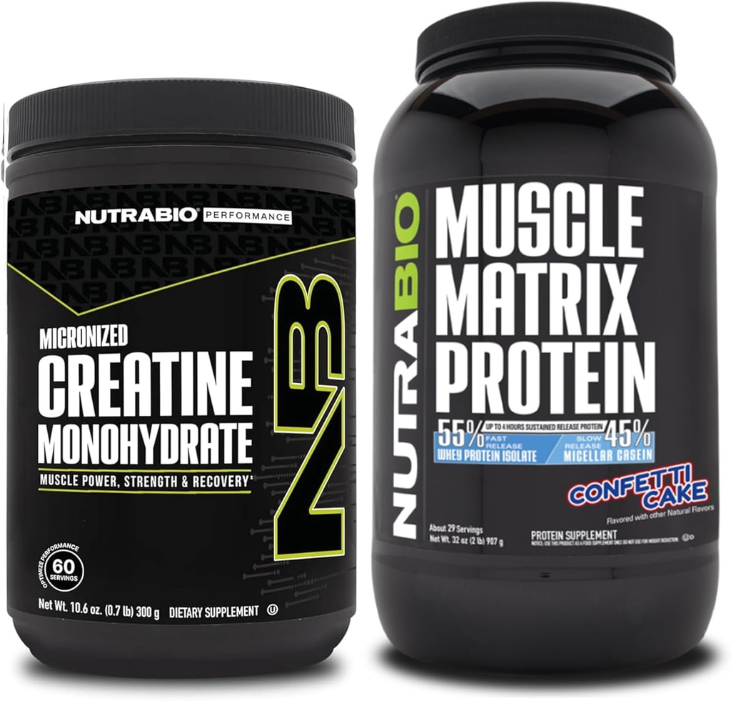 NutraBio Creatine Monohydrat, Unflavored, (300 g) und Muscle Matrix Protein Powder, (Confetti Cake) Supplement Bundle – Muskelenergie, maximales Wachstum, Erholung und Stärke
