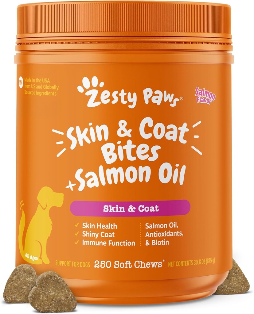 Zesty Paws Lachsöl für Hunde Haut und Mantel, Omega 3 Fish Oil Chews, Hunde Allergy Relief Chews, Itch Relief Supplement, 250 Count, Lachs Flavor