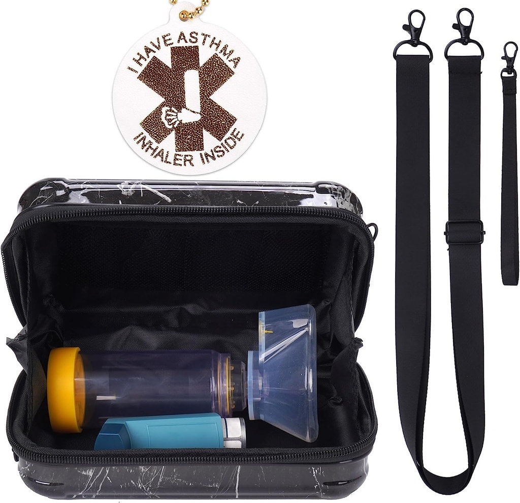 MGZNMTY Travel Carrying Case für Asthma Inhaler, Inhaler Spacer für Kinder und Erwachsene, Masken, Halter Tasche mit Schulter Crossbody Rope und Mesh Tasche für Medizin (nur Fall) (Schwarz Marmor)