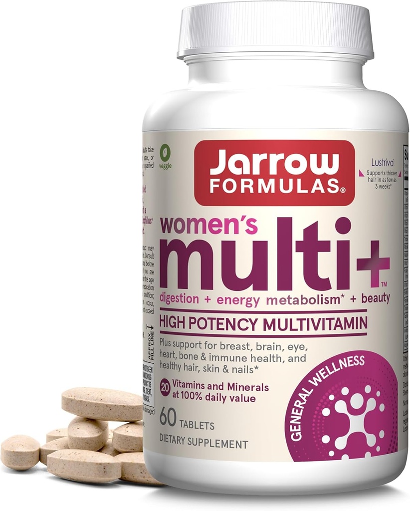 Formules de Jarrow Multi+ Lustriva pour femmes croissance des cheveux, vitamine A, D, zinc et lutéine, 60 comprimés, 30 jours d'approvisionnement