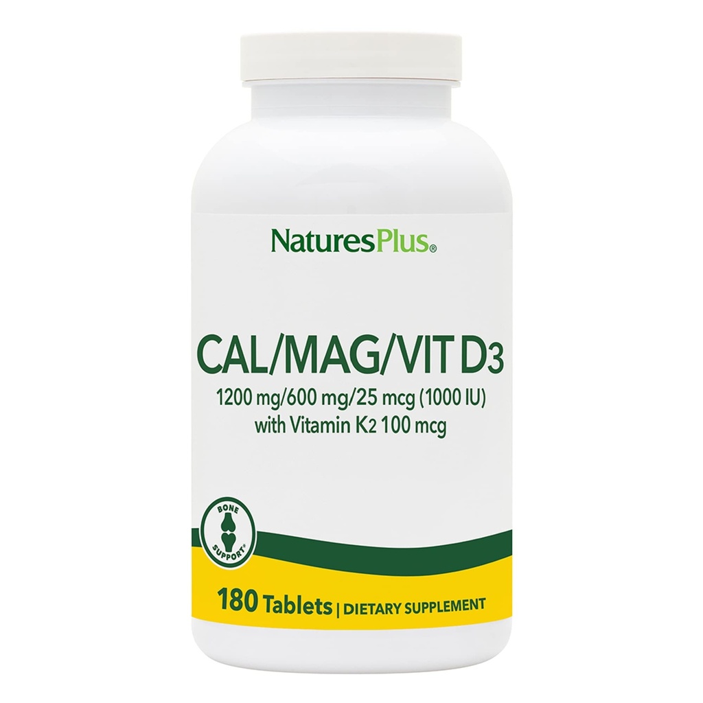 NaturesPlus Kalzium/Magnesium/Vitamin D3 mit Vitamin K2 - unterstützt Knochen- und Immungesundheit - Vegetarisch, Glutenfrei - 180 Tabletten - 45 Servietten