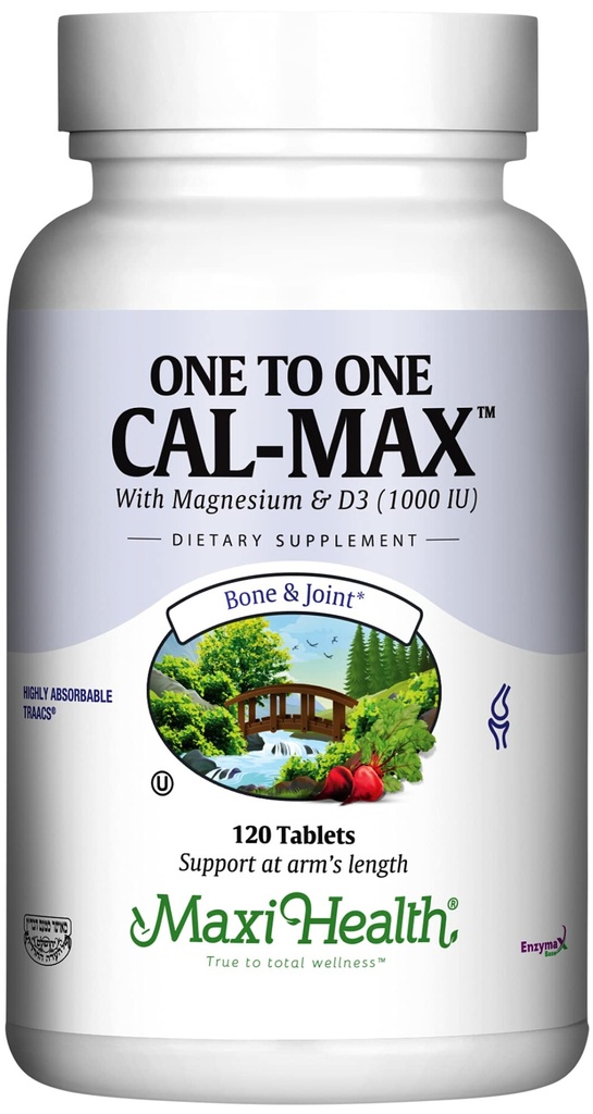 500 mg Supplément de calcium avec vitamine D3 (1000 UI) et magnésium (500 mg) - Soutien des os, des dents et des articulations pour les hommes et les femmes - 120 comprimés - Un à un Cal-Max par Maxi Health