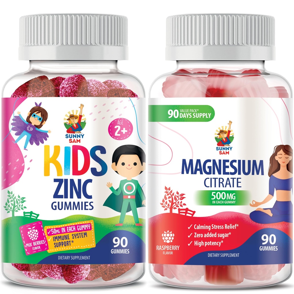 Gommies de magnésium pour adultes - 500mg et Gommies de zinc pour enfants et adultes