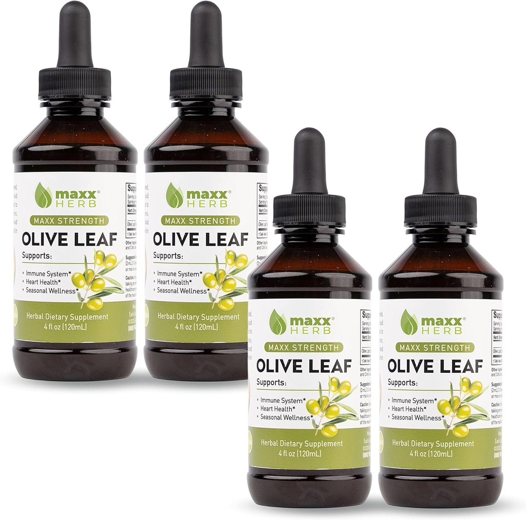 Maxx Kräuter-Olivenblatt-Extrakt – Max Strength Oleuropein Liquid absorbiert besser als Kapseln oder Tee, für Immununterstützung, Herzgesundheit und Saison-Wellness - 4 Flaschen, 4 Oz Jeder (240 Servierungen)