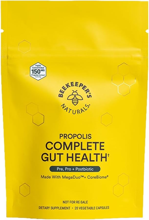 La santé complète de l'apiculteur, 3-en-1 Prébiotique, Postbiotique, Probiotiques pour la santé digestive et le soulagement du blottis pour les femmes et les hommes, Propolis Powered, Capsules Vegan sans gluten, 20ct