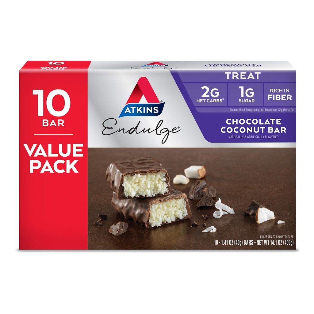 Atkins Endulge Chocolate Coconut Bar, Dessert Favorit, High in Fiber, 1g Zucker, 10 Count