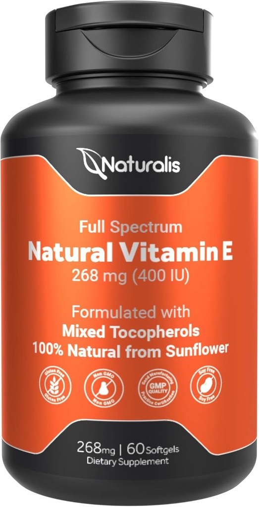 Naturalis Sunflower Vitamin E 268mg (400 IU) mit gemischten Tocopherolen | Essential Haut Vitamin & Immununterstützung | Non-GMO, Soy & Gluten Free | 60 Softgels