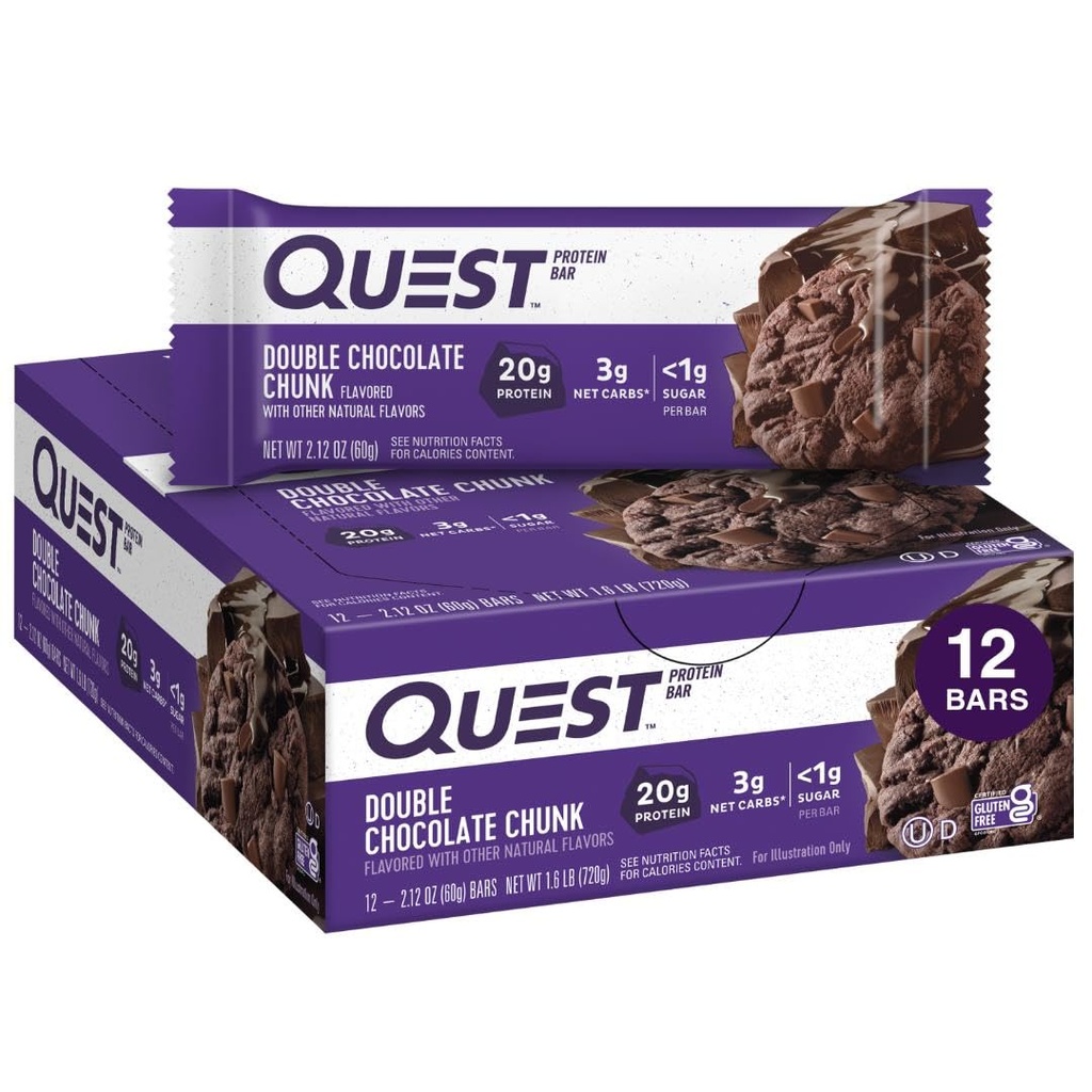 Quest Nutrition Double Chocolate Chunk Protein Bars, 20g Protein Bars, 1g Zucker, 4g Net Carb, Glutenfrei, Keto Friendly, 12 Count