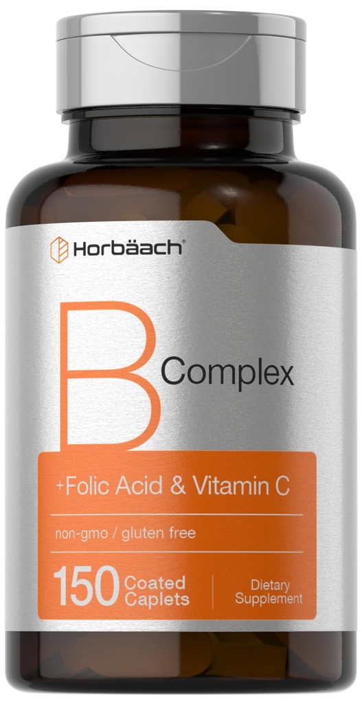 Horbaach B Vitamines complexes pour les femmes et les hommes : 150 Caplets avec acide folique et vitamine C. Supplément sans OGM et sans gluten