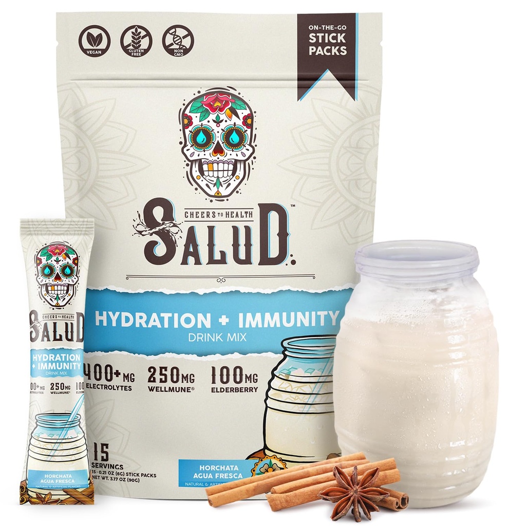 Salud 2-en-1 Packs d'hydratation + Immunity Electrolytes Poudre, Horchata - Agua Fresca Mélange de boisson, Elderberry, Laiterie et sans soja, Non-OGM, Sans gluten, Vegan, Faible calories, 1g de sucre (15 portions)
