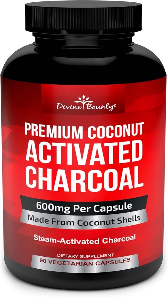 Göttliche Bounty Organic Aktivkohle Kapseln - 600mg Kokosnusskohle Pillen - 90 Veggie Caps