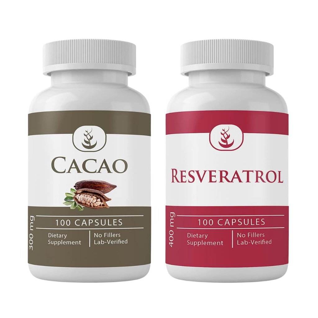 PURE ORIGINAL INGREDIENTS Cacao & Resveratrol Kapsel Bundle (100 Kapseln jeder), keine Zusatzstoffe oder Füllstoffe, Lab Verified