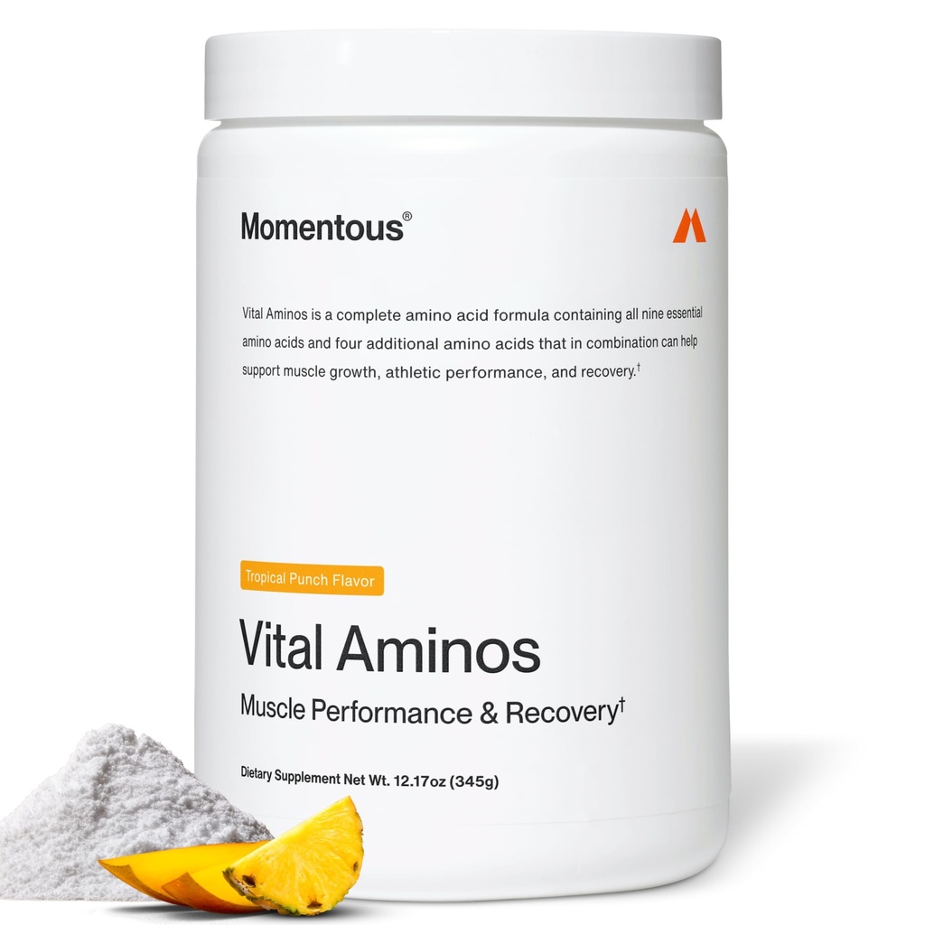 Momentous Vital Aminos Powder Supplement - BCAA & EAA - Tropical Punch - NSF zertifiziert für Sport - GMO- & Glutenfrei - 30 Servierungen - Paket Mai Vary