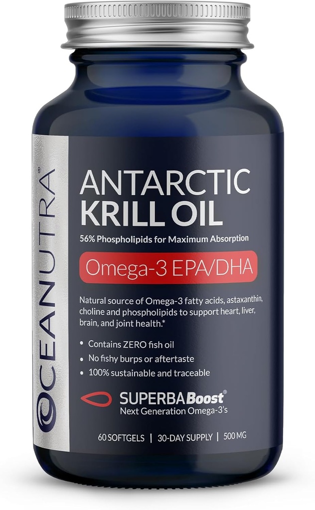 Wild Caught Antarctic Krill Oil 500MG, 60 Softgels, SuperbaBoost Omega 3 Supplement, EPA & DHA, Astaxanthin, Choline, 56% Phospholipide, Nachhaltige, Traceable, kein Fischöl, Vanille Flavor