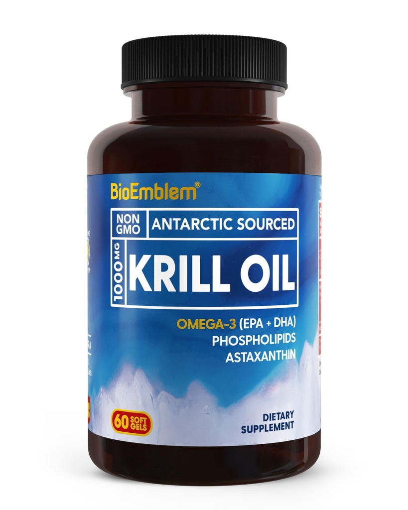 BioEmblem supplément d'huile de krill antarctique de 1000mg de pétrole oméga-3 avec des niveaux élevés d'EPA + DHA, Astaxanthine et Phospholipides.